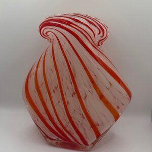 VTG Mid Century Murano Inspired Striped Tall Art Glass Vase Orange White 9-1/2"H